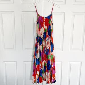 Sam Edelman Retro Floral Pleated Plissé Satin Maxi Dress